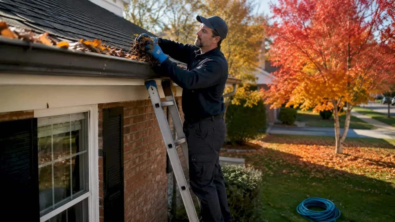 Gutter cleaning pro clearing leaves from a roofline
