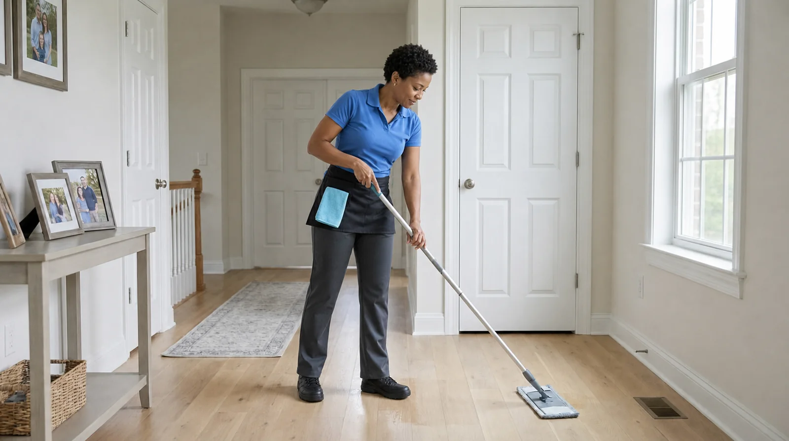 House cleaning pro mopping a hardwood floor