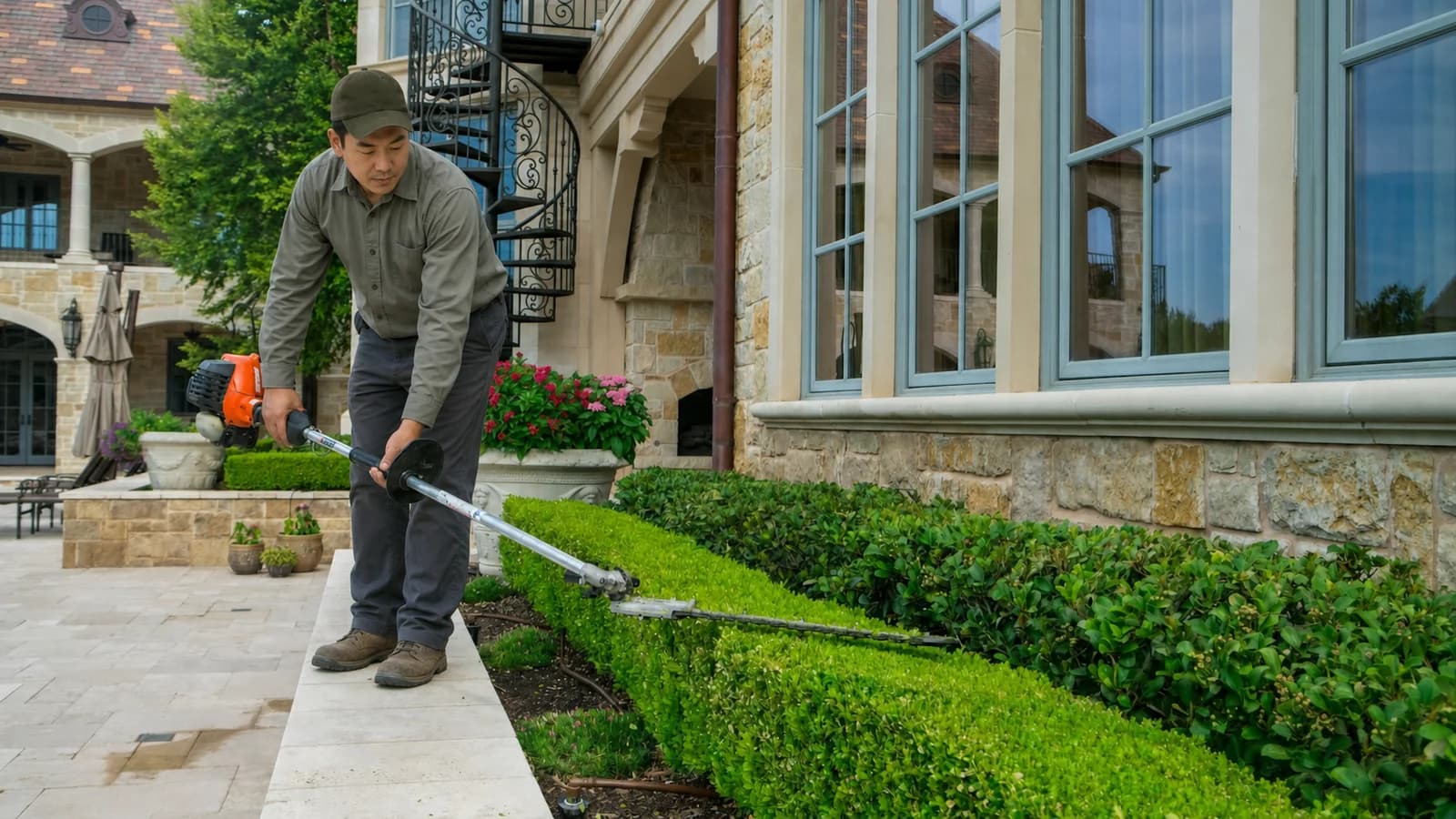 Landscaping pro trimming hedges at a home