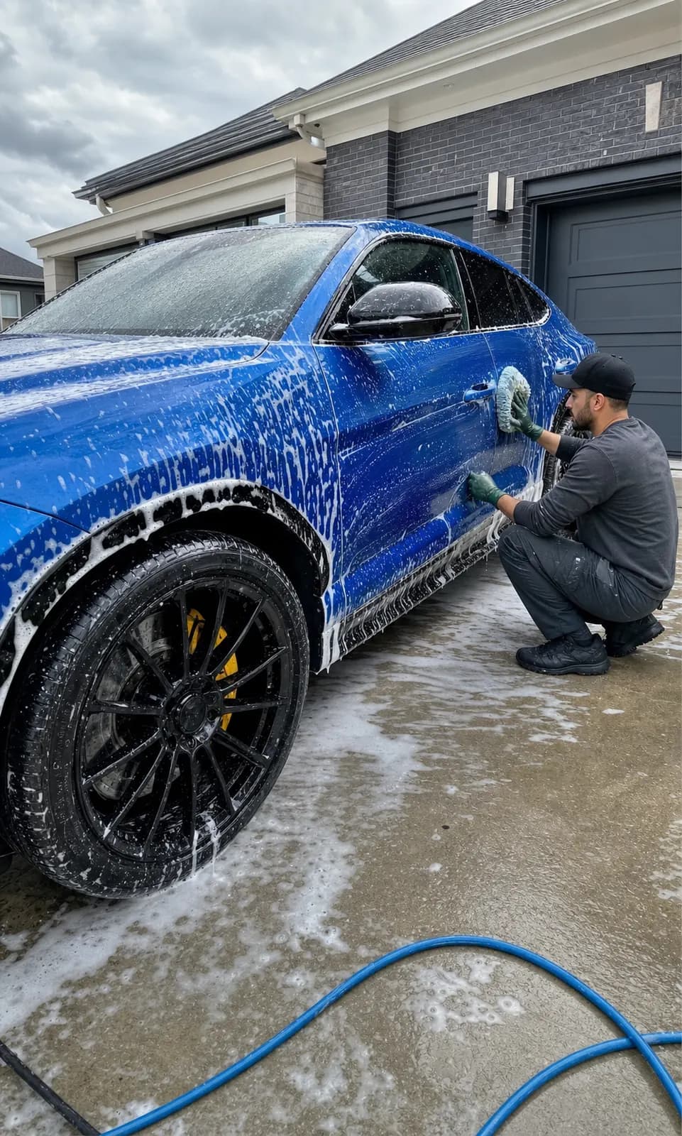 Mobile detailing pro hand-washing a car in a driveway